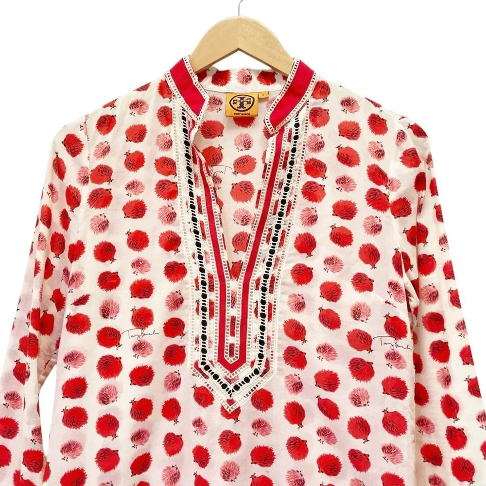 Tory Burch Tory Tunic in Tapioca Hedgehog Cotton Cream & Red Print Size 0 RARE